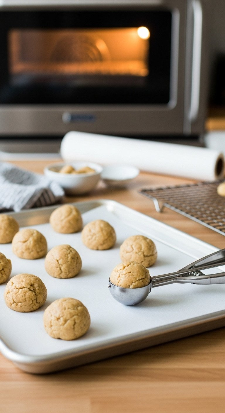 Apple Cookie Dough Balls On Baking Sheet With Scoop, Ready For Oven. Wooden Surface, Soft Light. Baking Prep.