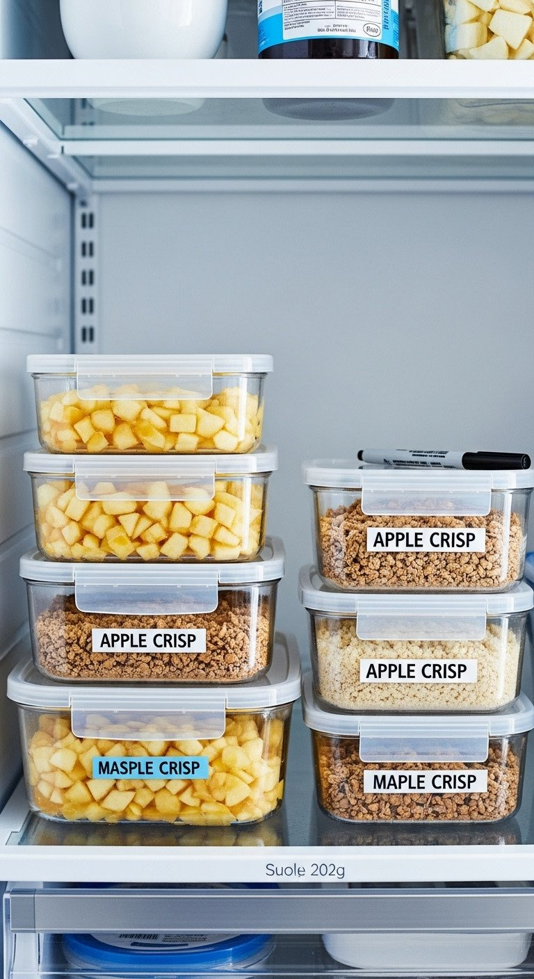 Apple Crisp Filling And Topping Packaged In Clear, Freezer-Safe Containers For Organized Storage. Make-Ahead Dessert Prep For Freezing.