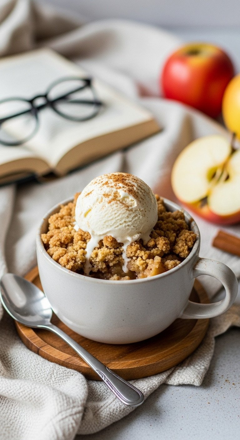 Apple Crumble In Cozy Mug, Warm Single-Serving With Melting Vanilla Ice Cream On Buttery Topping And Cinnamon Apples.