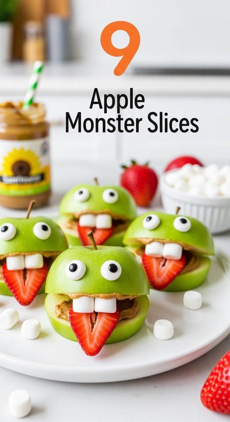 Apple Monster Slices With Sunflower Butter Mouths Strawberry Tongues And Mini Marshmallow Teeth On A White Plate For Healthy Halloween Treats