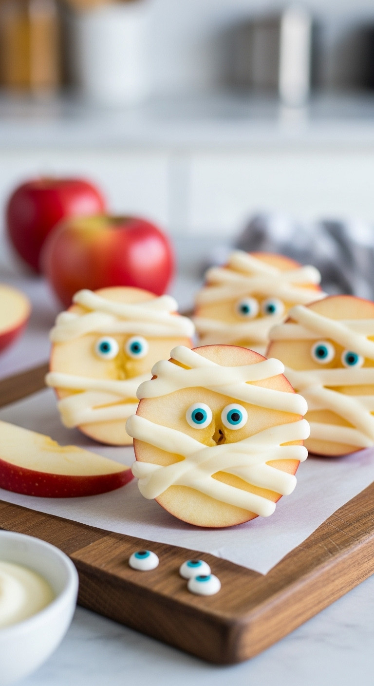 Apple Mummies Wrapped In White Chocolate With Candy Eyeballs On A Rustic Wooden Cutting Board For Fun And Healthy Halloween Treats