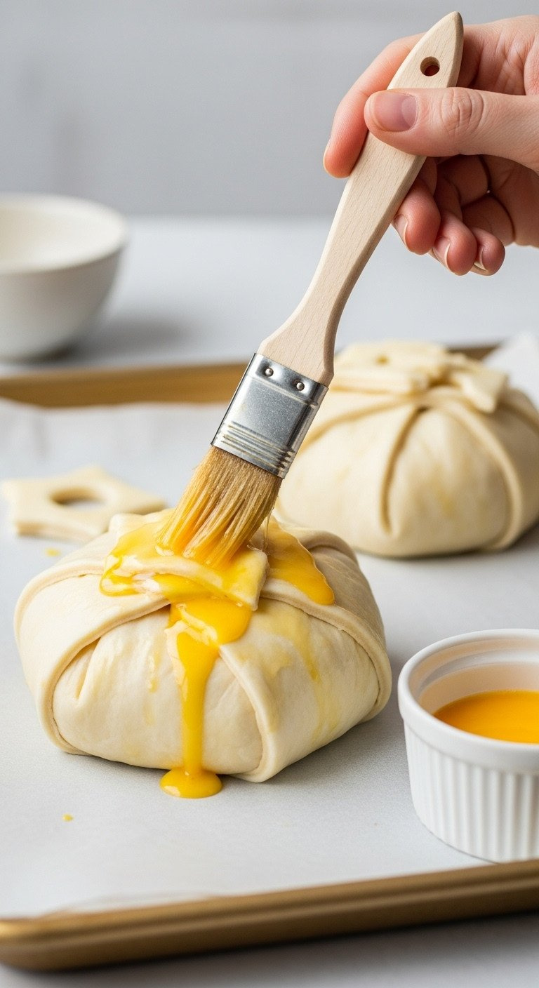 Applying Golden Egg Wash With A Pastry Brush To A Wrapped Brie En Croûte On Parchment, Preparing For A Savory Appetizer.
