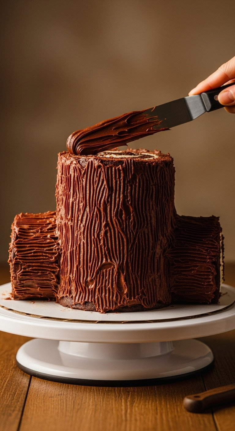 Applying Thick Chocolate Ganache With An Offset Spatula To A Yule Log Cake For A Rustic Bark Texture, On Wood.