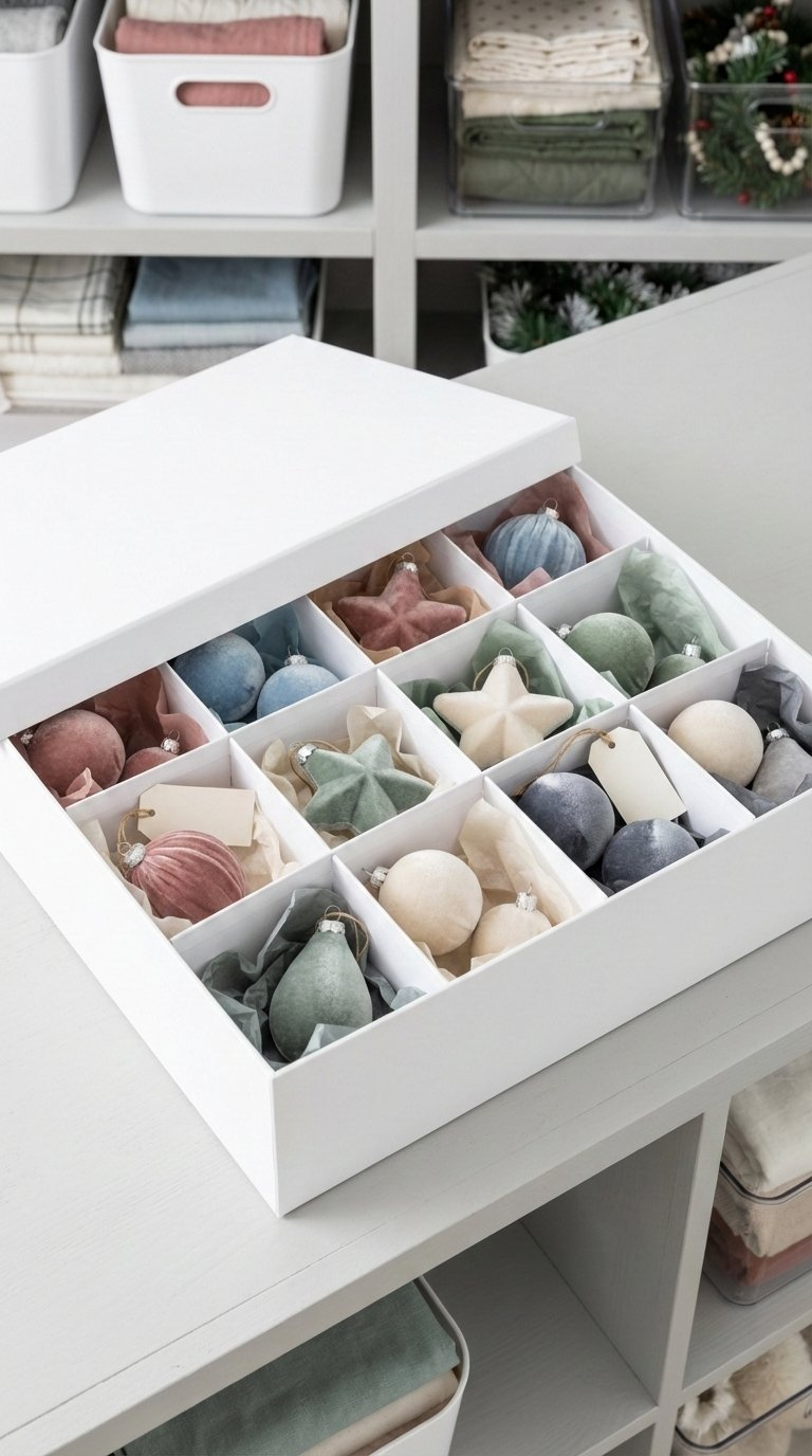 Archival Storage Box Displaying Organized Faux Velvet Ornaments In Muted Colors With Tissue Paper Protection