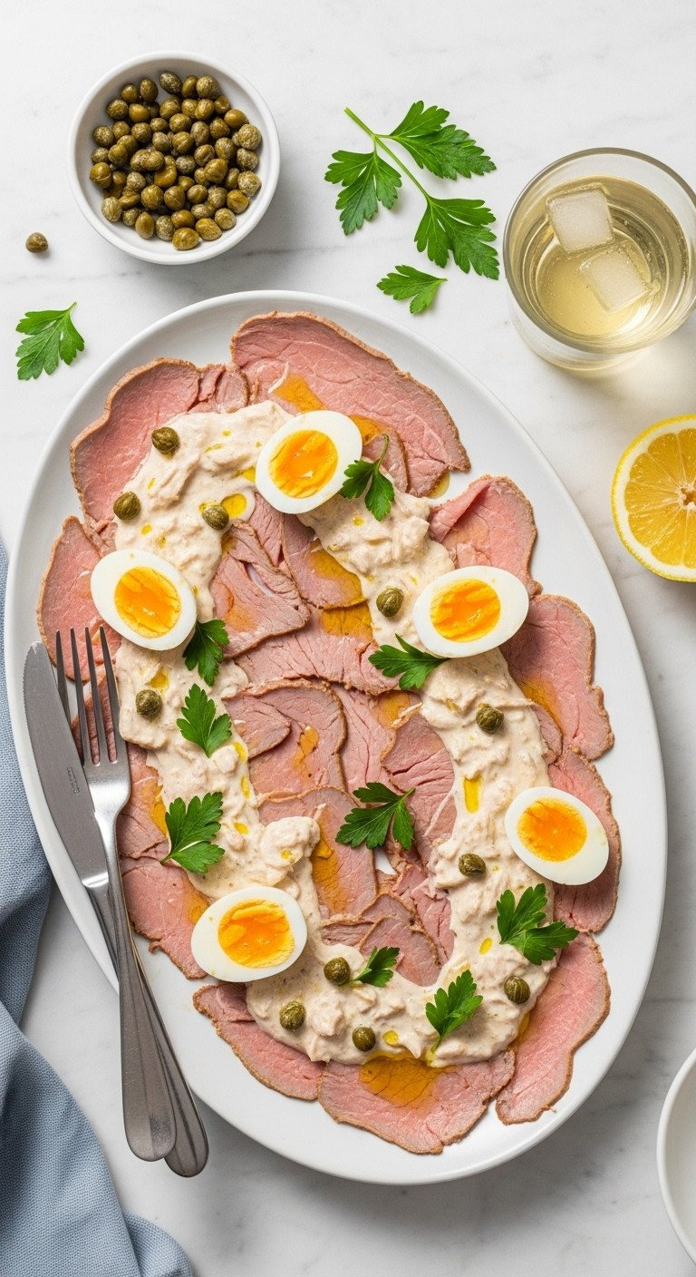 Argentinian Vitel Toné: Chilled Veal With Creamy Tuna-Anchovy Sauce, Garnished With Capers, Parsley, Eggs. Classic Christmas Appetizer.
