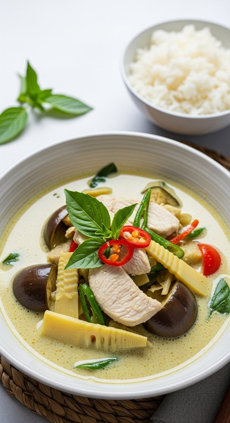 Aromatic Thai Green Curry With Chicken, Eggplant, And Basil Served Beside Jasmine Rice.