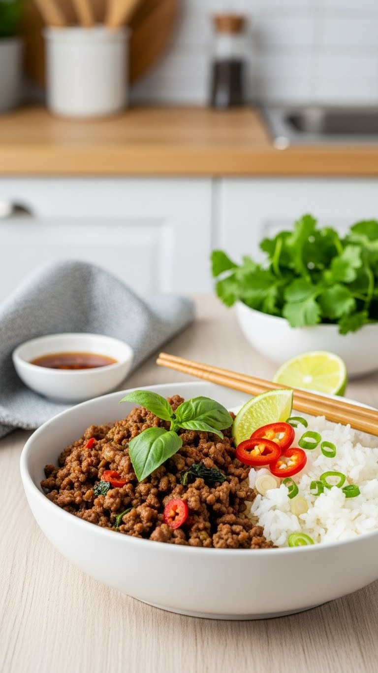 Aromatic Thai Basil Beef Bowl With Lemongrass Rice, Fresh Herbs And Chili Garnish In White Bowl