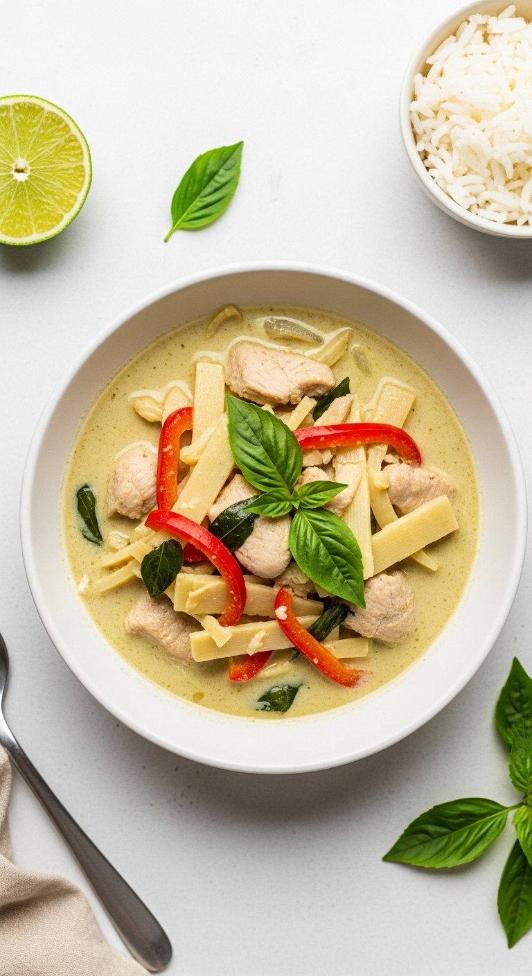 Aromatic Thai Green Curry With Chicken And Vegetables In A White Bowl Garnished With Basil.