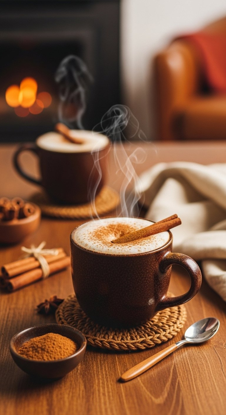Aromatic Cinnamon Coffee In A Rustic Mug Dusted With Cinnamon Powder And A Cinnamon Stick.