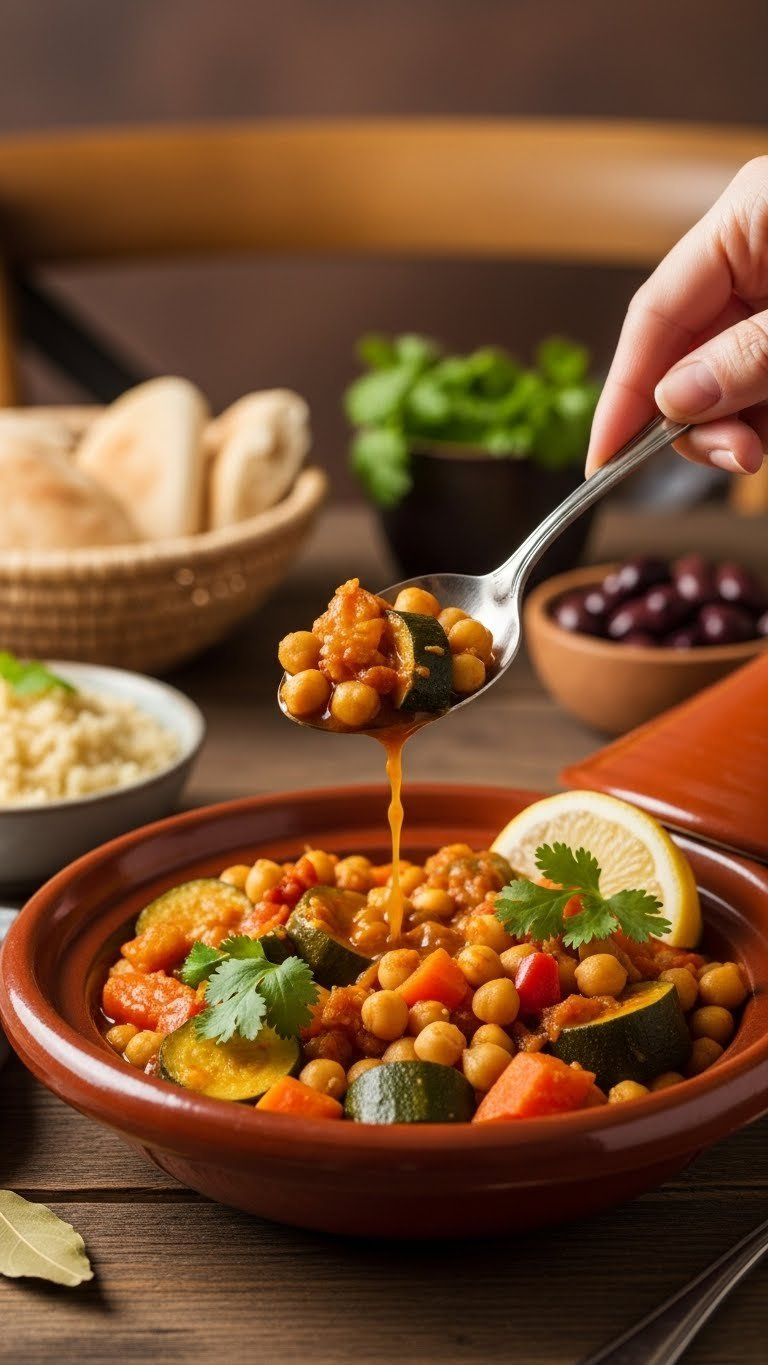 Aromatic Vegan Chickpea And Vegetable Tagine With Cilantro And Lemon Wedge In A Traditional Moroccan Dish On A Rustic Wooden Table With Golden Light.