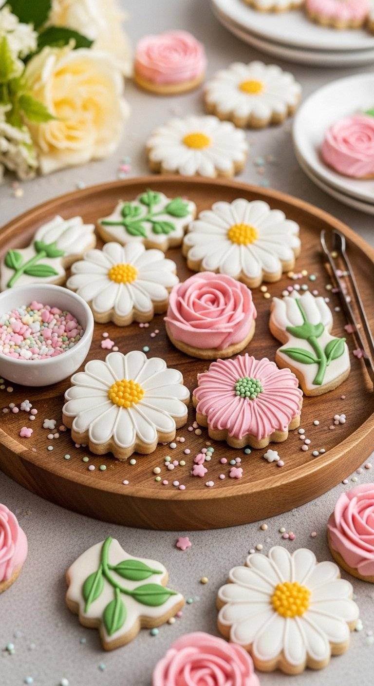 Arrangement Of Finished Sugar Cookies Adorned With Buttercream Daisies And Roses On A Wooden Platter.