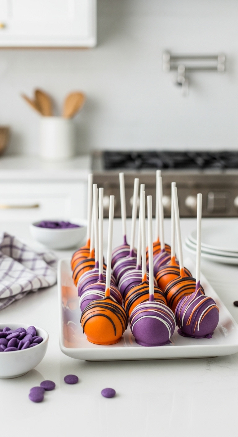 Artful Drizzled Halloween Cake Pops On A White Platter With Colored Candy Melts In Bright Daylight