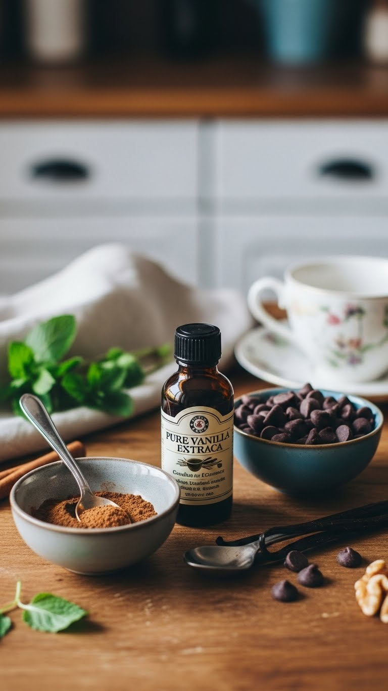 Artful Arrangement Of Zucchini Bread Flavor Enhancers Including Cinnamon, Vanilla Extract, And Dark Chocolate Chips On Rustic Table.