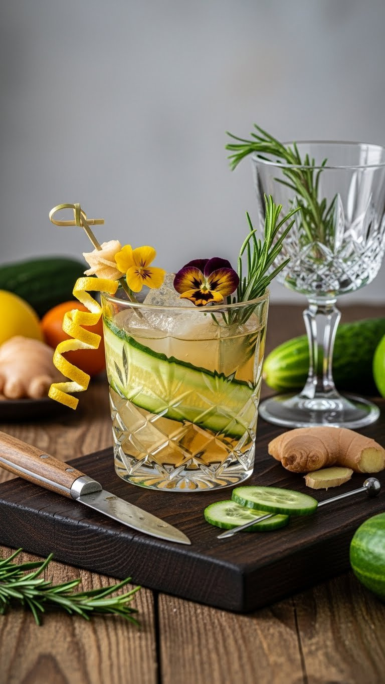 Artfully Arranged Drink Garnishes Including Lemon Peel, Ginger Slice, And Edible Flowers On Dark Wooden Board