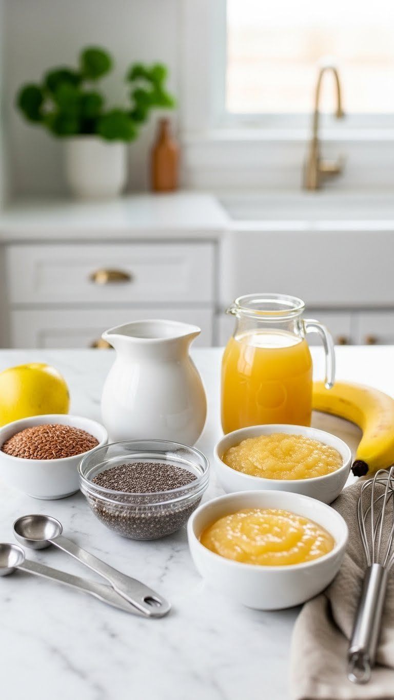 Artfully Arranged Healthy Egg Substitutes Including Flax Eggs, Chia Seeds, Applesauce, And Mashed Banana In White Bowls On Marble Countertop.