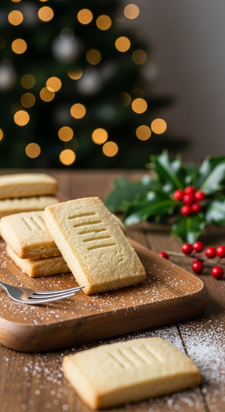 Artfully Arranged Keto Shortbread Cookies On A Rustic Board, Dusted With Powdered Sweetener Like Snow Next To Festive Holly.