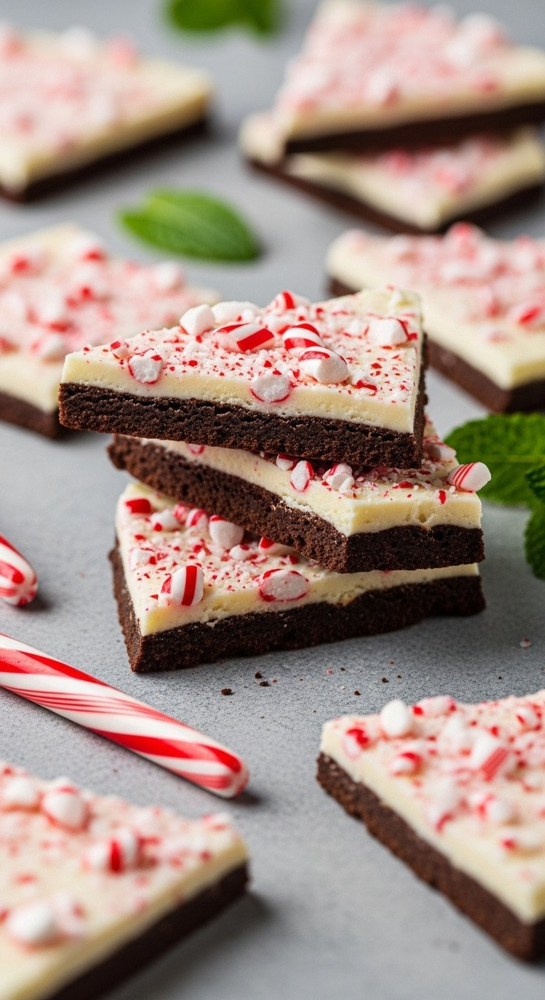 Artfully Arranged Pieces Of Vegan Peppermint Bark With Dark Chocolate, White Chocolate, And Crushed Candy Canes On Stone.