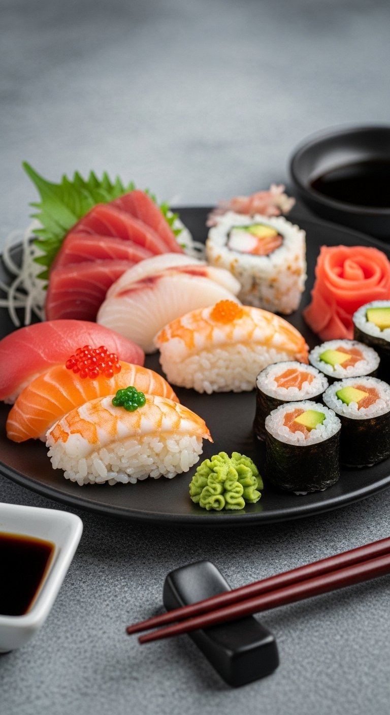 Artfully Arranged Platter Of Fresh Japanese Sushi, Sashimi, And Nigiri On A Sleek Black Ceramic Dish.