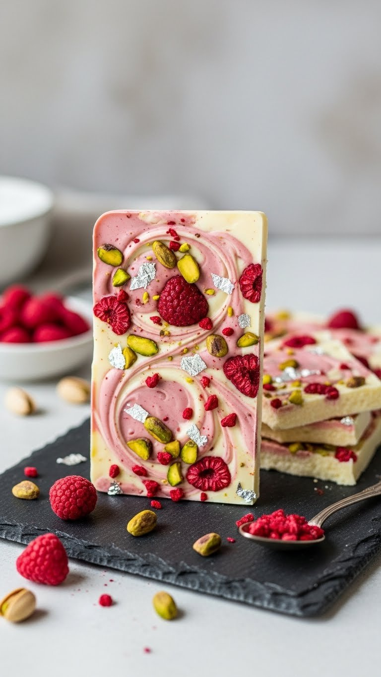 Artfully Broken Piece Of Blush Pink White Chocolate Bark With Raspberries And Pistachios On Slate Board