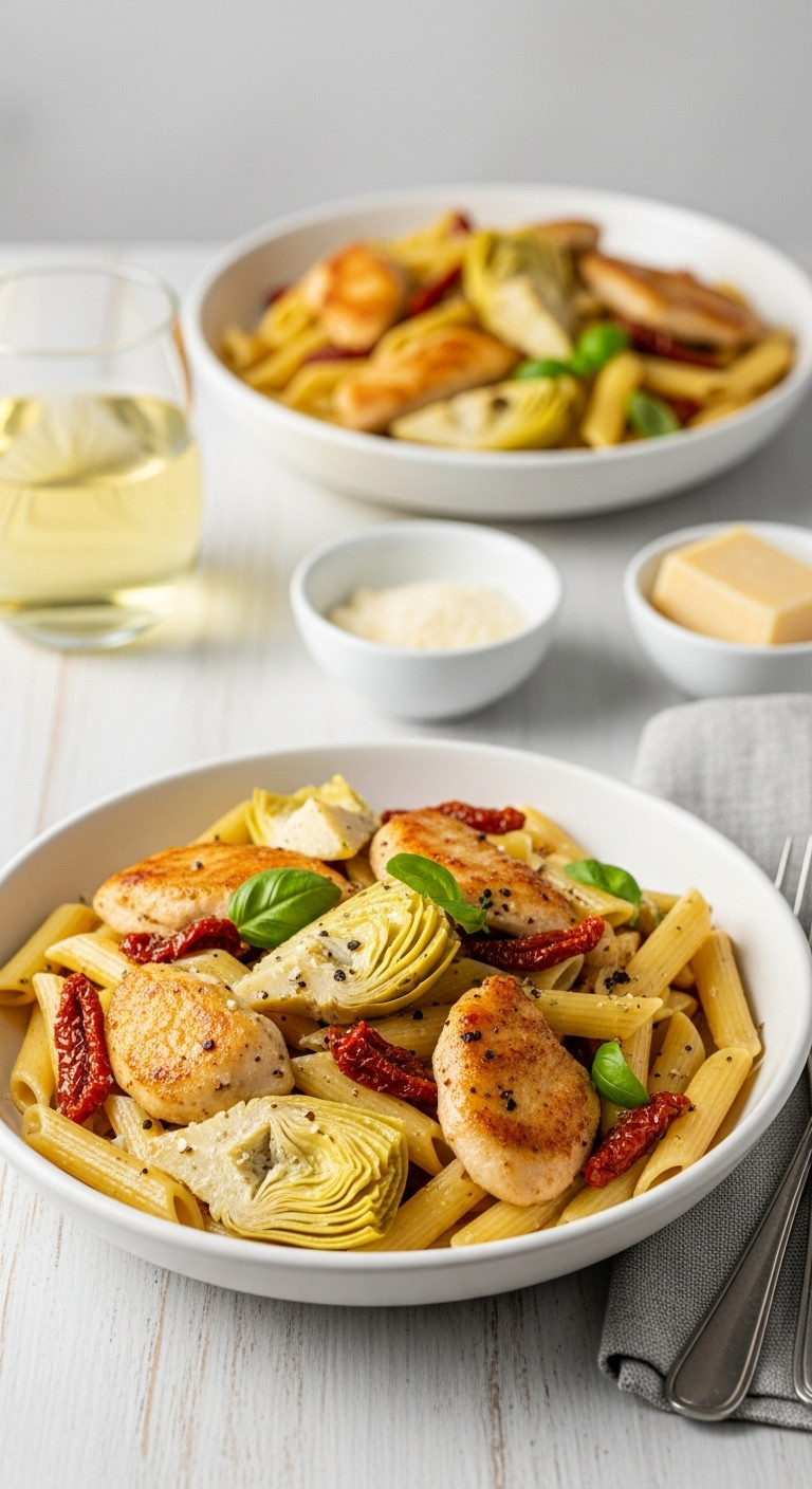 Artichoke Chicken Pasta With Penne Seared Chicken Artichoke Hearts And Sun Dried Tomatoes In A White Wine Sauce