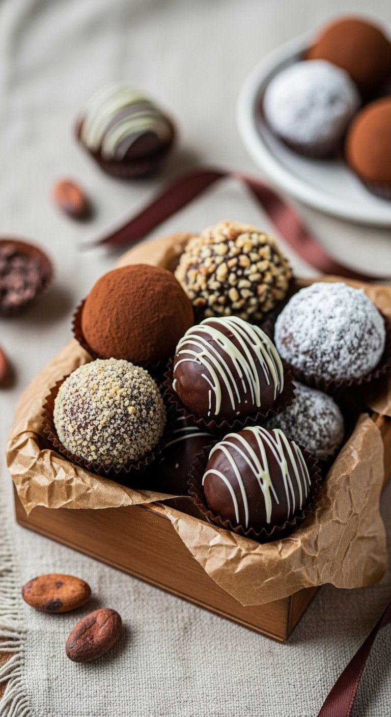 Artisan Chocolate Truffles, Coated With Cocoa, Nuts, Powdered Sugar, And White Chocolate Drizzles In A Rustic Box.