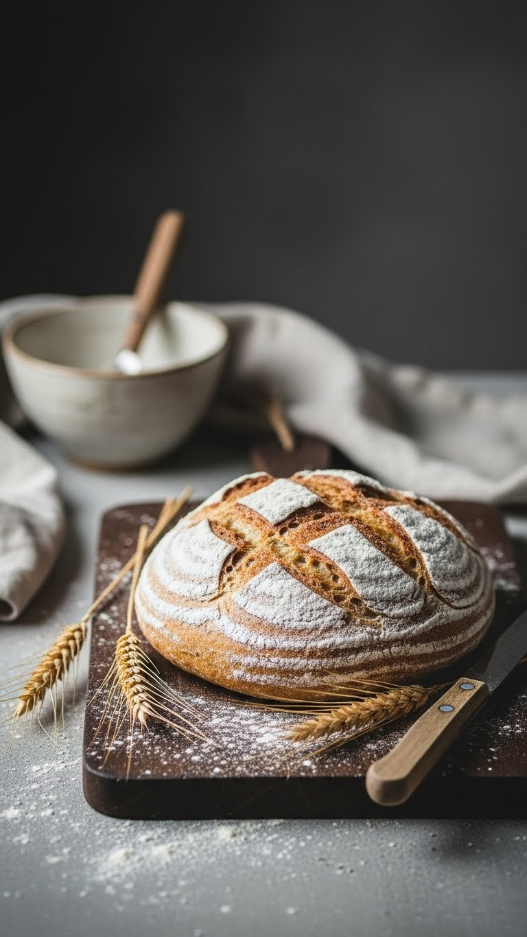 Artisanal Sourdough Loaf With Beautiful Scoring On Dark Wooden Cutting Board Surrounded By Baking Tools
