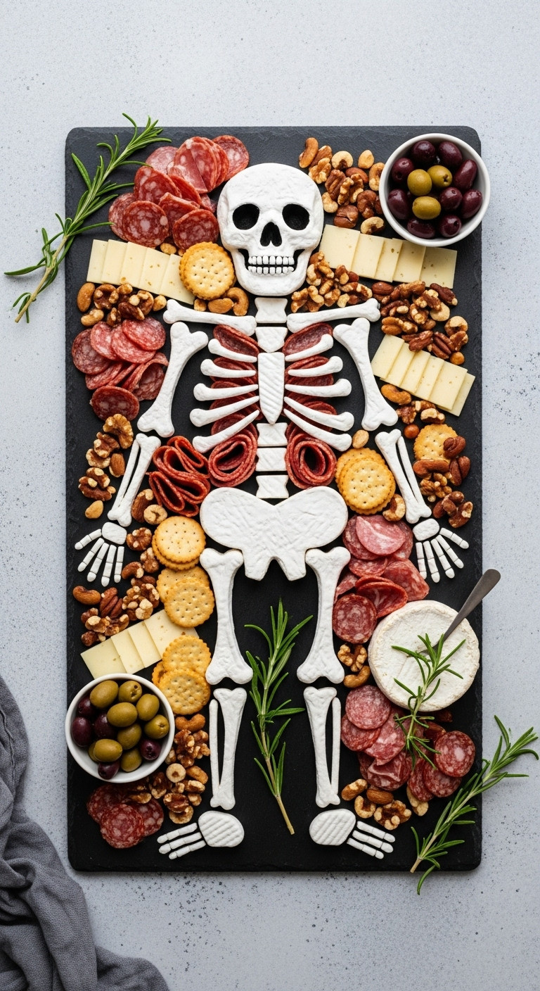 Artistic Halloween Charcuterie Skeleton Platter With Meats, Cheeses, Crackers, Olives, Nuts On A Black Slate Board.