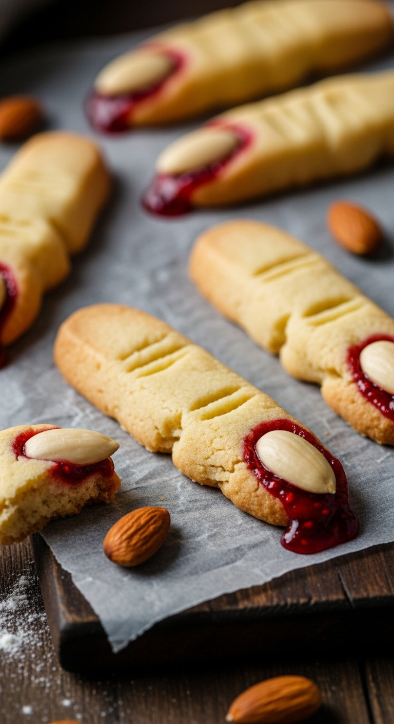Artistic Witch Finger Cookies With Blanched Almond Nails And Raspberry Jam On Parchment Paper