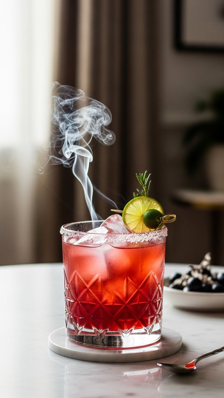 Artistically Presented Cocktail In Unique Glass With Artisanal Ice And Intricate Garnish, Highlighted By Soft Natural Lighting