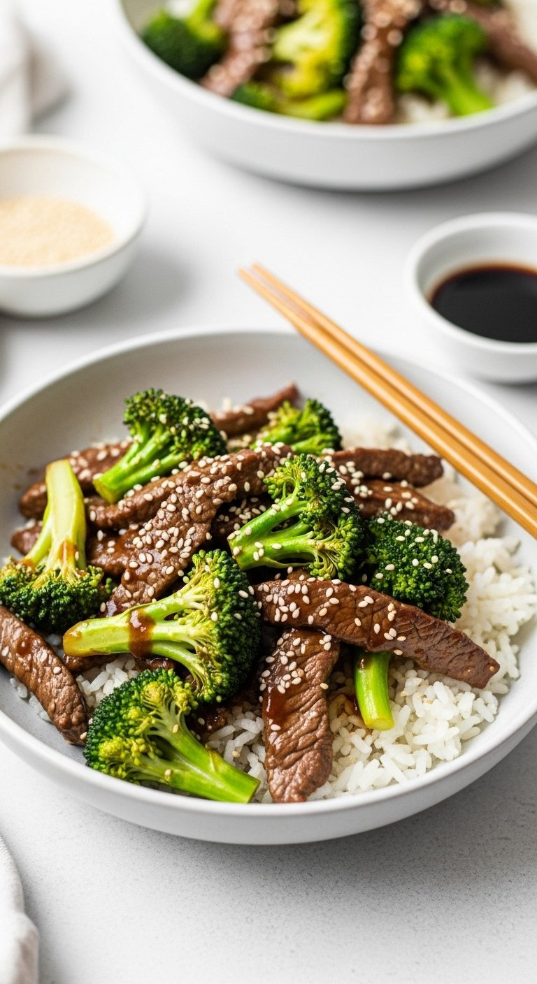 Asian Ginger Beef Stir-Fry With Crisp Broccoli In A Savory Soy Sauce Served Over White Rice.