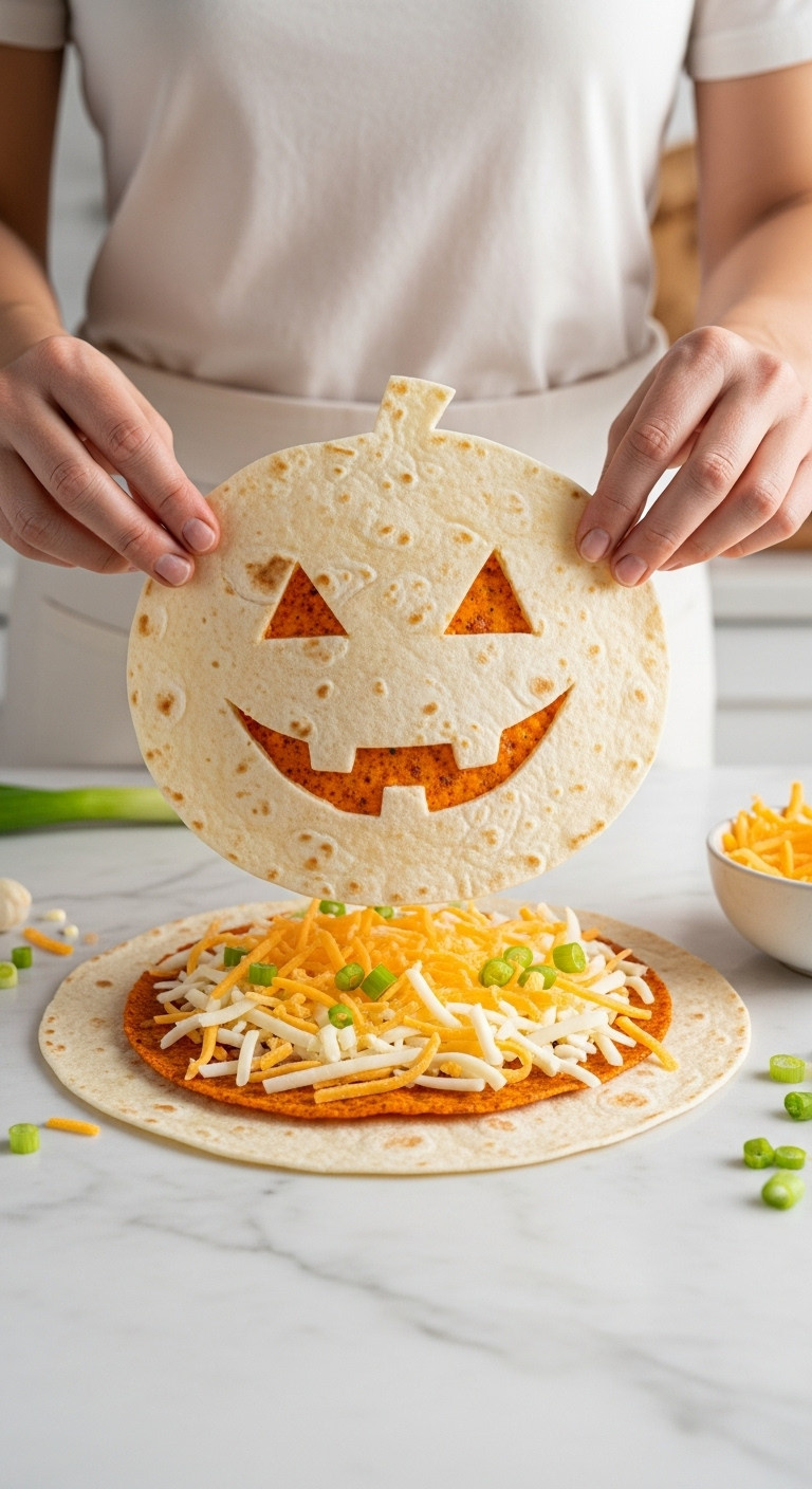 Assembling Halloween Jack-O-Lantern Quesadilla: Whole Tortilla, Shredded Cheddar, Monterey Jack Cheese, Carved Tortilla Above, On Marble Counter.