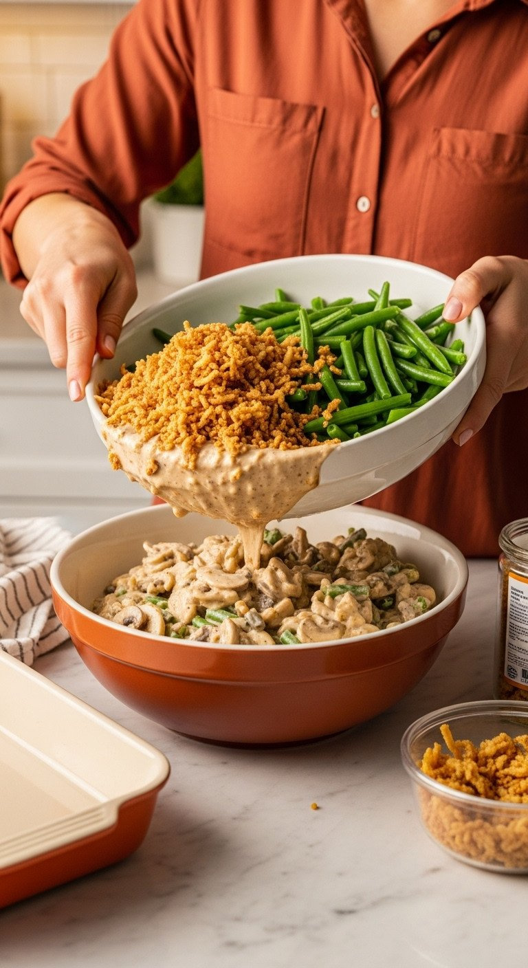 Assembling Green Bean Casserole: Fresh Beans And Crispy Onions Folded Into Creamy Mushroom Sauce In A Bowl.