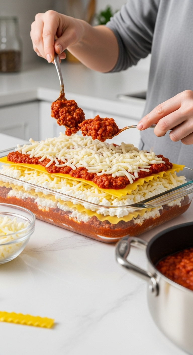 Assembling Lasagna Layers In A Glass Baking Dish With Meat Sauce Cottage Cheese Noodles And Mozzarella Bright Studio Light