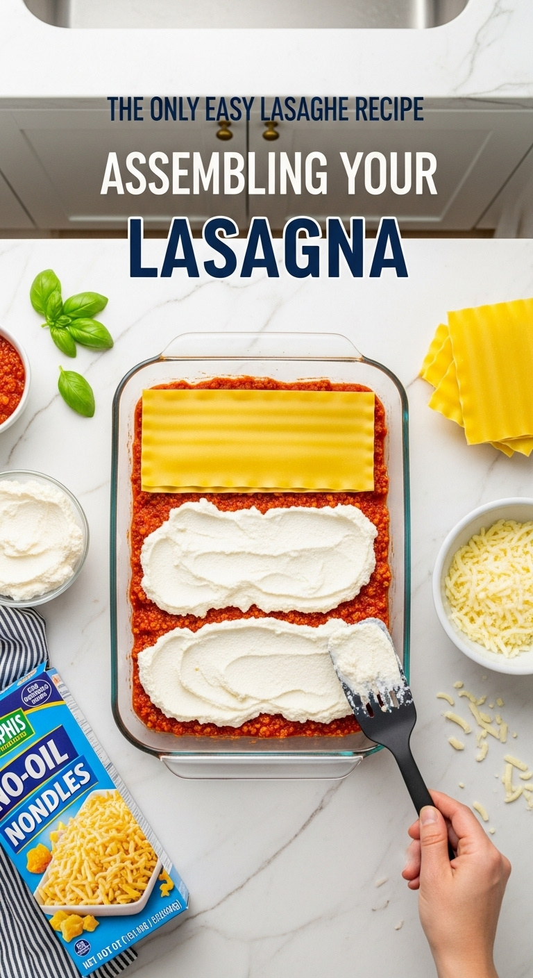 Assembling Lasagna Layers In A Glass Baking Dish With Meat Sauce Ricotta And Pasta Sheets On A Marble Countertop