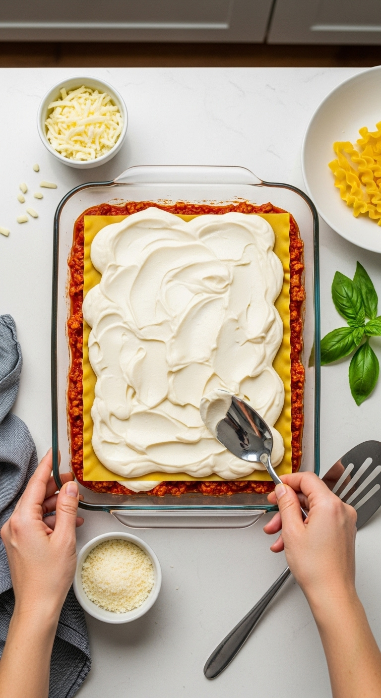 Assembling Lasagna Layers In A Glass Baking Dish With Noodles Bechamel Sauce Meat Sauce And Cheese On A White Countertop