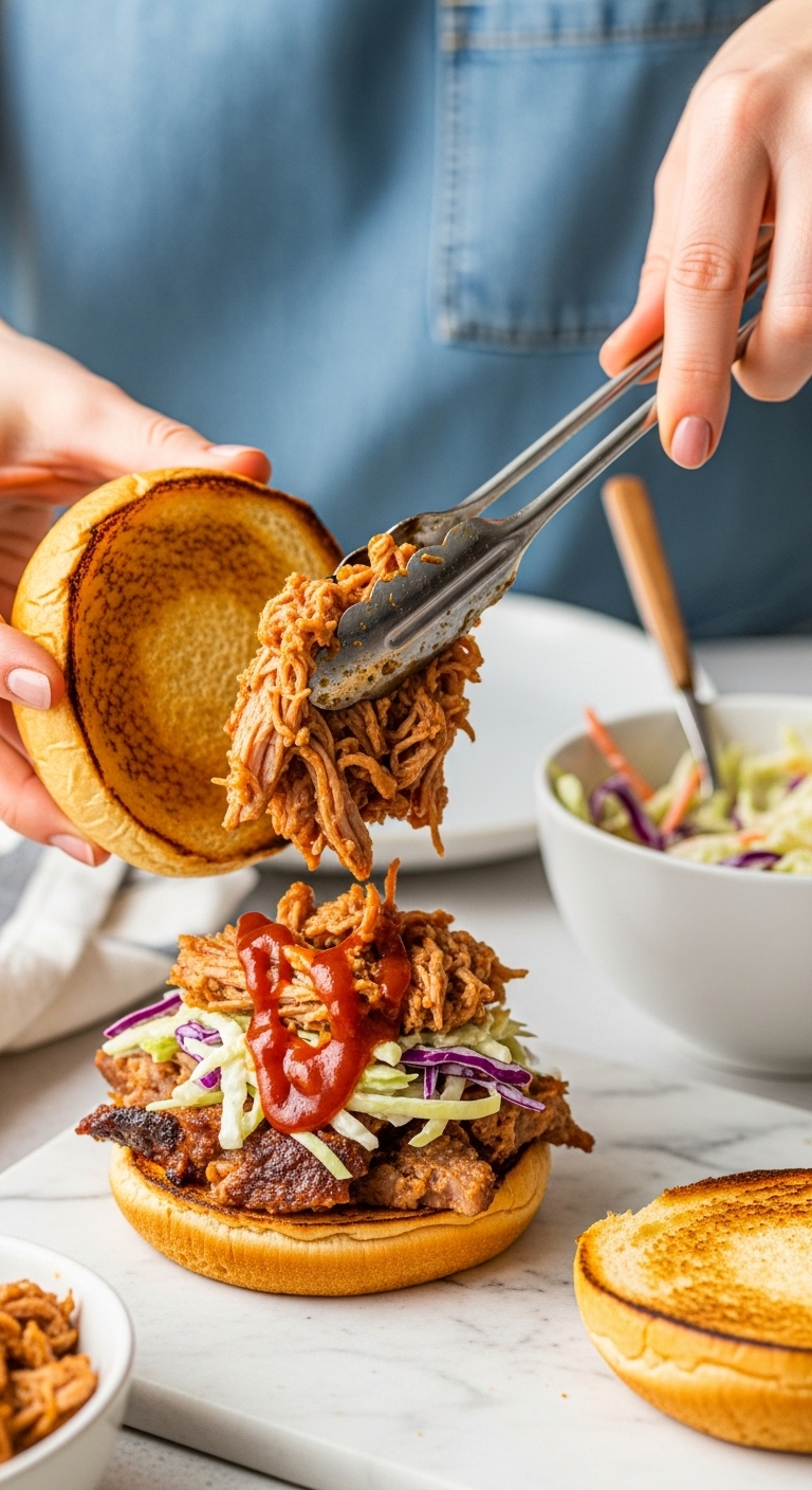 Assembling Slow Cooker Bbq Pulled Pork Sandwich With Coleslaw