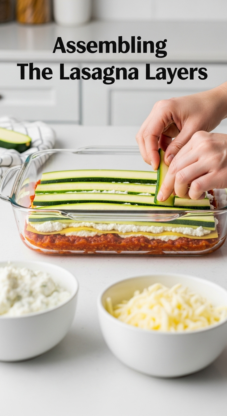 Assembling Zucchini Lasagna Layers In A Glass Baking Dish With Zucchini Ricotta And Meat Sauce On A White Countertop Under Studio Light
