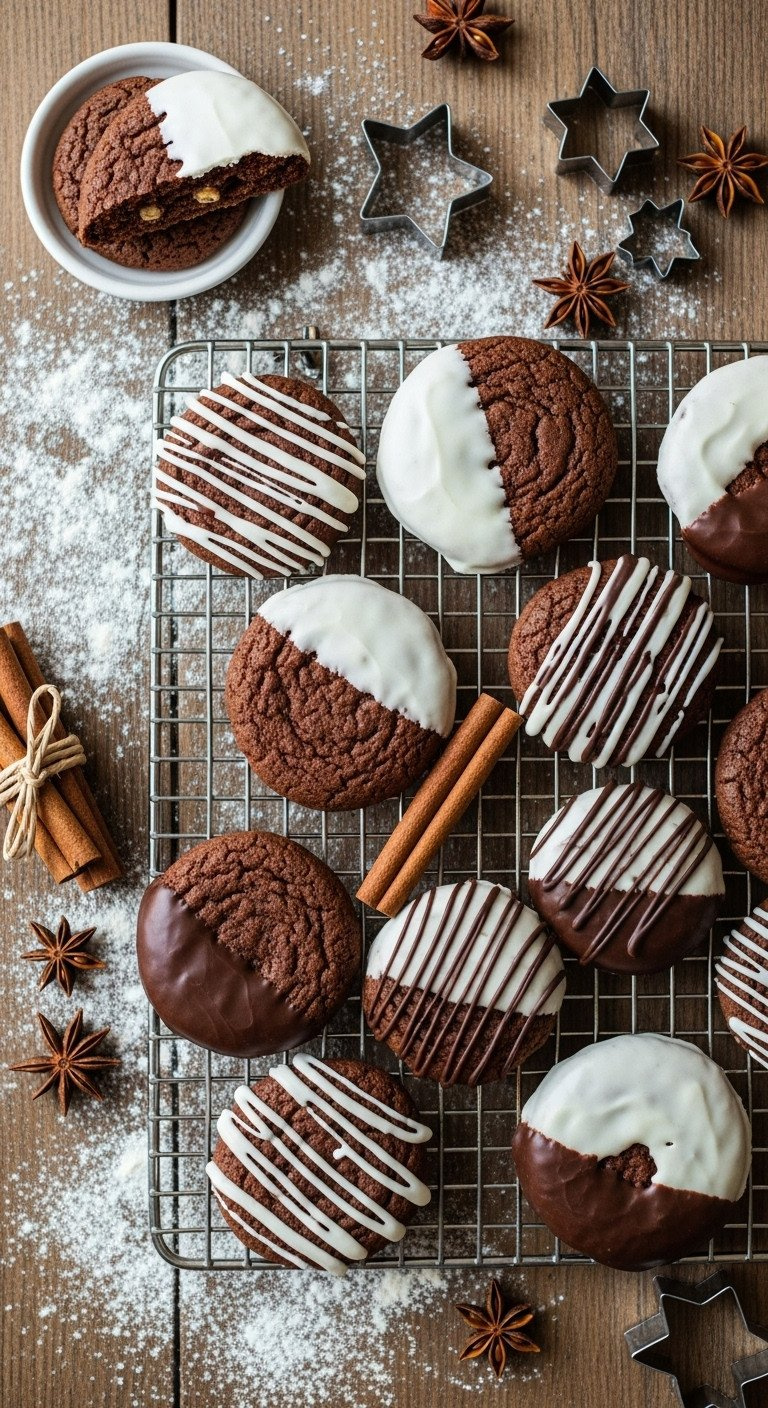 Assorted German Lebkuchen Cookies, Spiced Gingerbread, With White Icing And Dark Chocolate On A Cooling Rack.