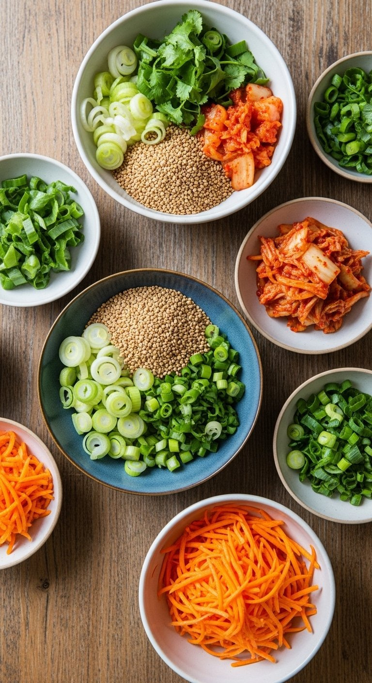 Assorted Colorful Bowl Toppings Including Spring Onions, Sesame Seeds, Kimchi, And Carrots On A Wooden Table.