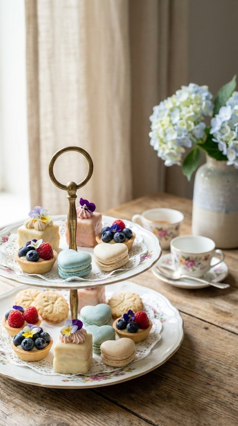 Assorted Miniature Desserts Including Tiny Cakes, Cookies, And Tarts Arranged On Vintage Tiered Pastry Stand