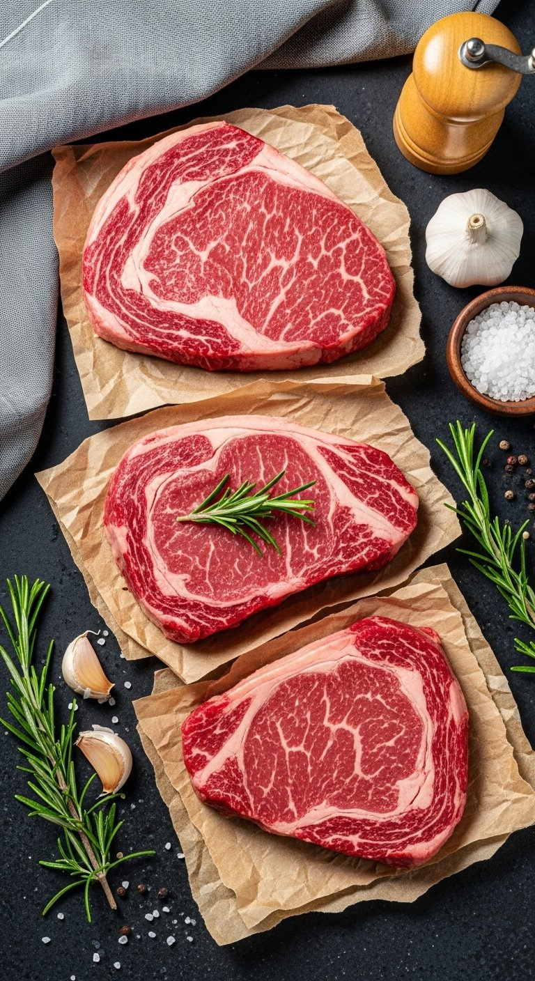 Assorted Raw Steak Cuts Including Ribeye And Filet Mignon Arranged On Brown Butcher Paper.