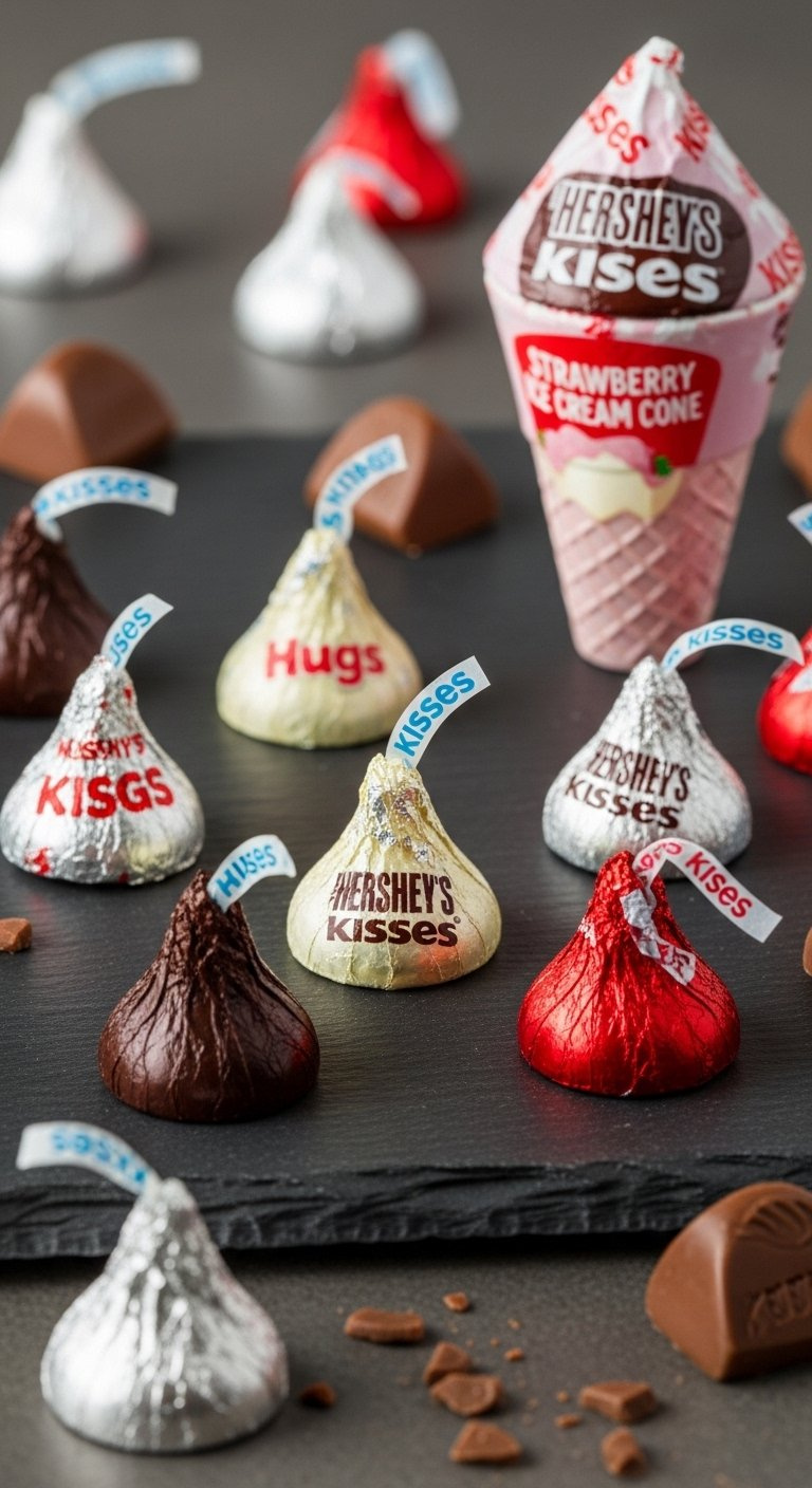 Assorted Unwrapped Hershey's Kisses Chocolates On Dark Slate Surface.