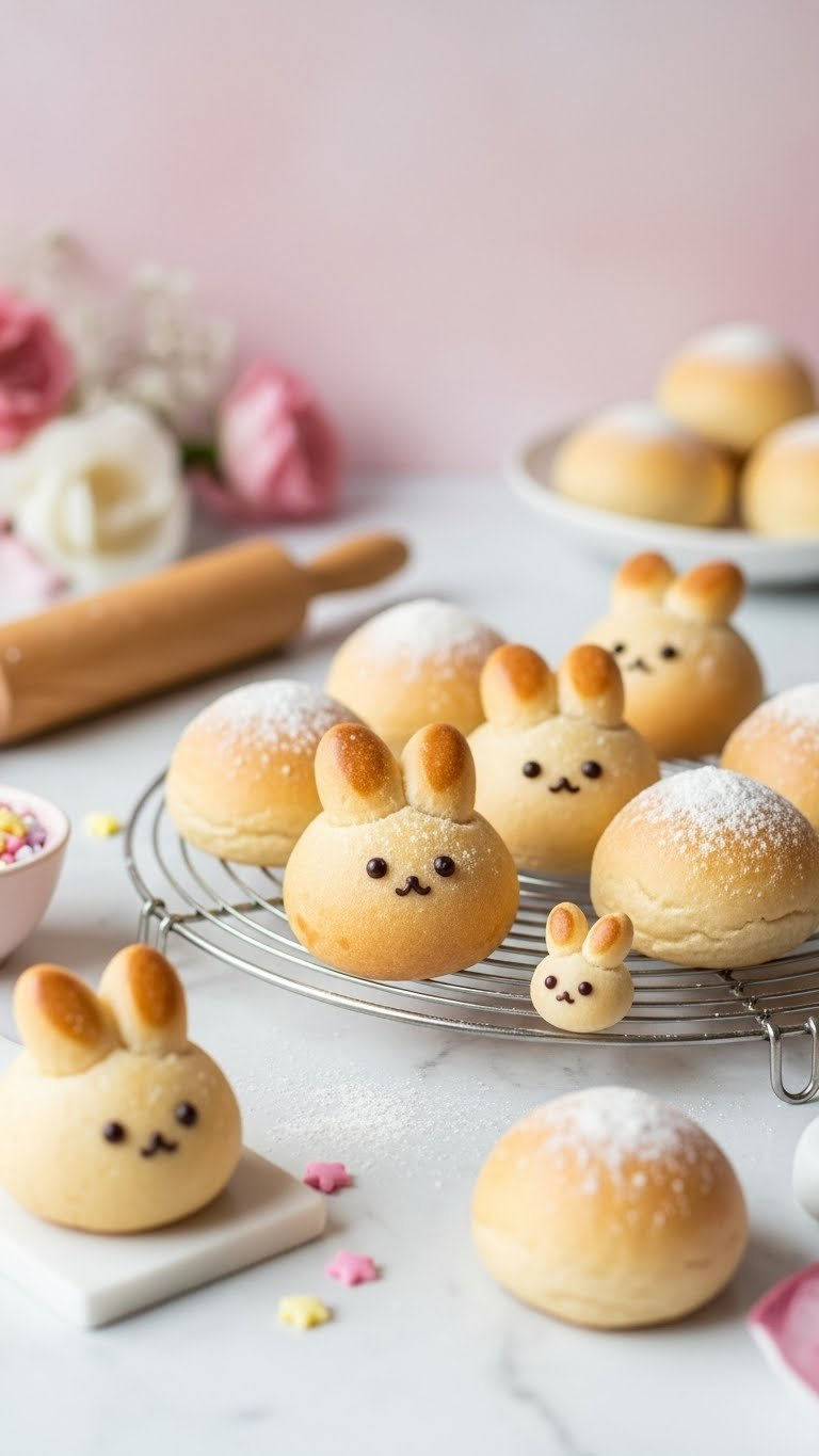 Assortment Of Bunny-Shaped Buns With Frosted Faces Arranged On Cooling Rack In Pastel Bakery Scene