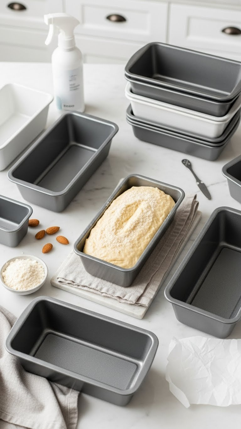 Assortment Of Clean Non-Stick Loaf Pans Arranged Aesthetically With Almond Flour For Baking Preparation