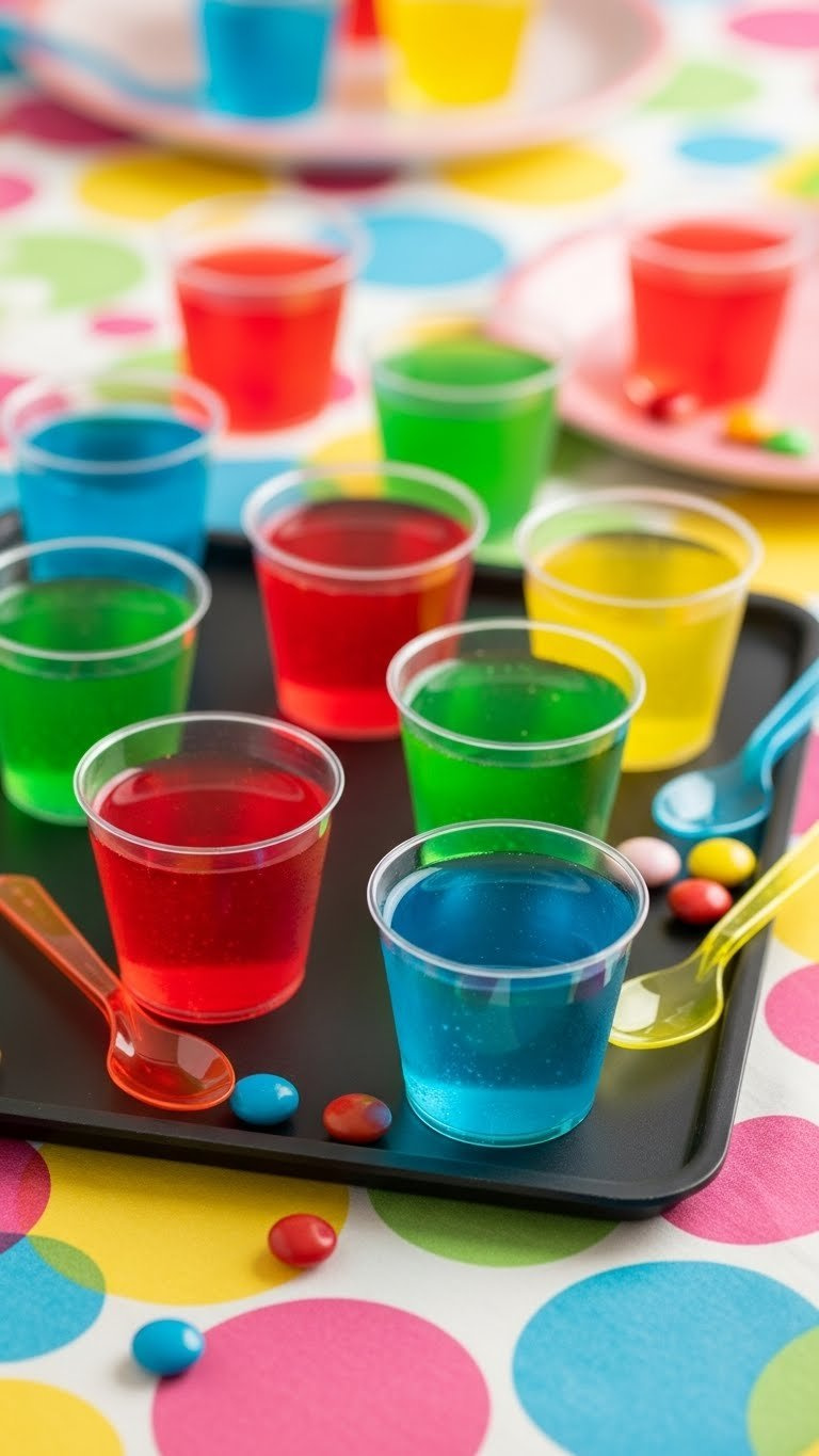 Assortment Of Colorful Jello Shots In Clear Plastic Cups Arranged On Black Serving Tray.