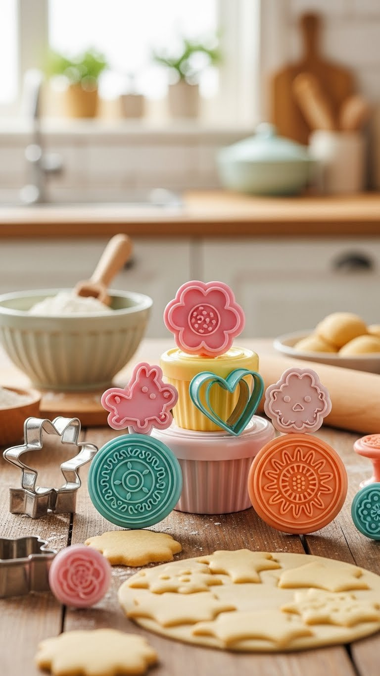 Assortment Of Cute Cookie Cutters And Decorative Stamps Arranged On Rustic Wooden Table With Baking Accessories In Soft Natural Light