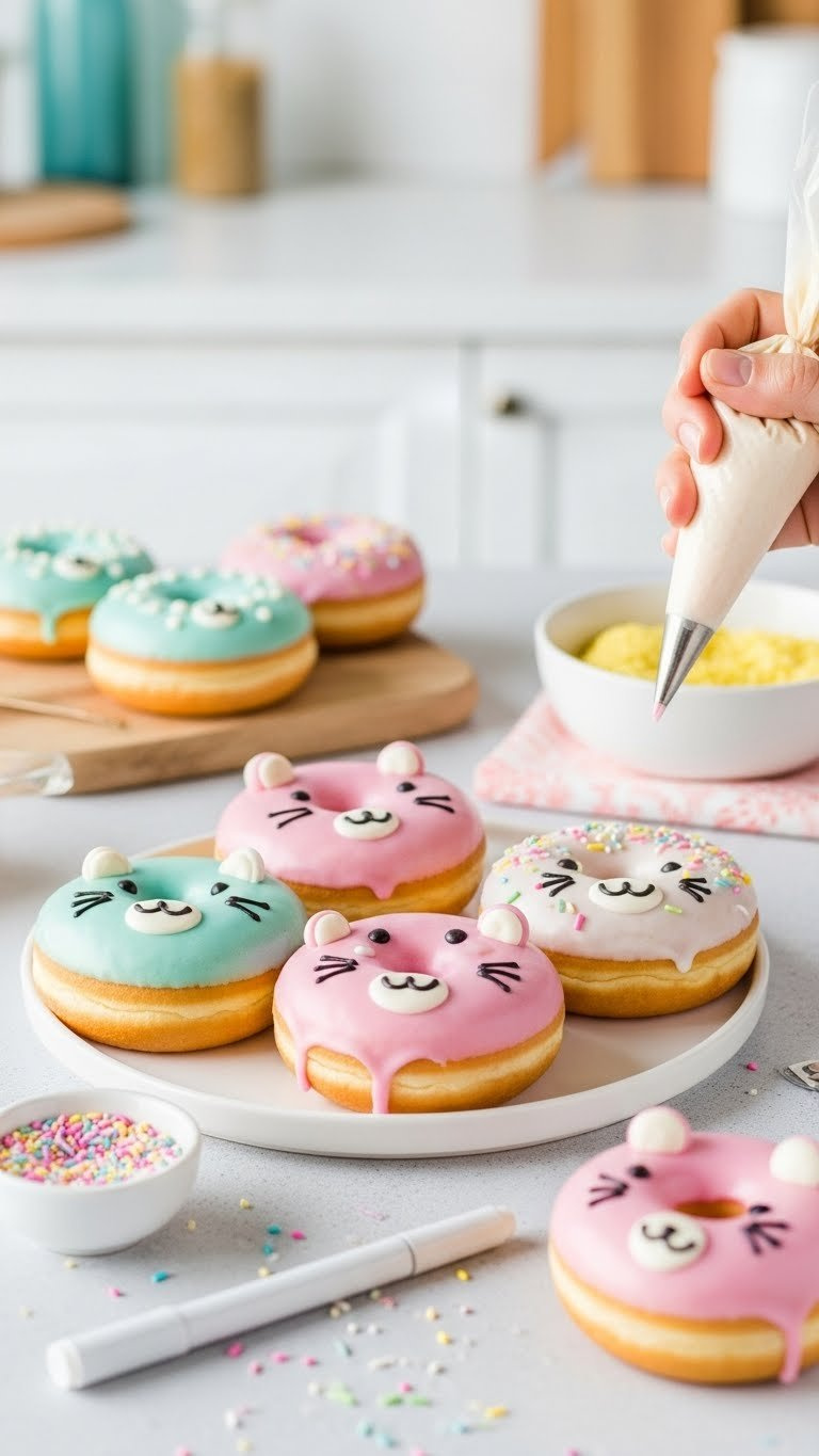 Assortment Of Donuts Decorated With Pastel Kawaii Faces And Animal Shapes On White Plate