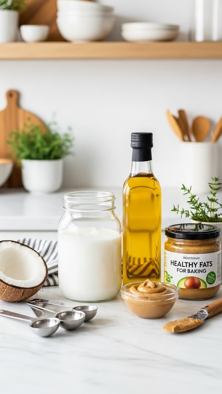 Assortment Of Healthy Baking Fats Including Coconut Oil, Avocado Oil, And Nut Butter Arranged On White Marble Countertop.