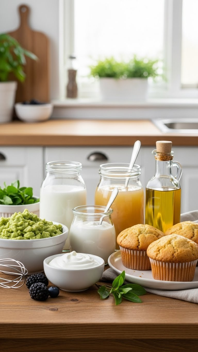 Assortment Of Healthy Fat Substitutes For Baking Including Mashed Avocado, Greek Yogurt, And Applesauce Arranged Around Baked Muffin