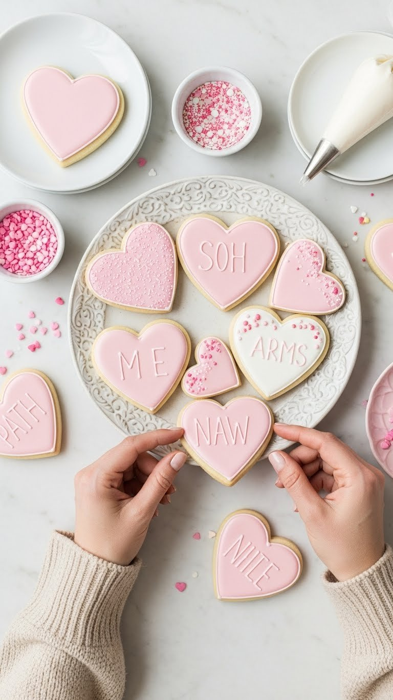Assortment Of Intricately Decorated Heart-Shaped Sugar Cookies With Royal Icing Designs On Vintage Ceramic Plate